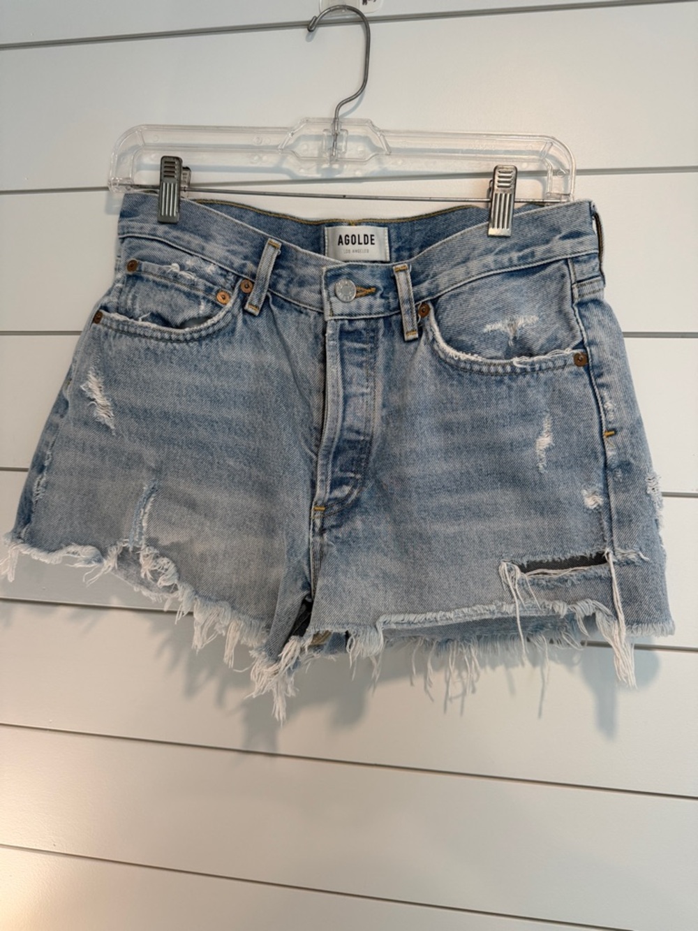 AGOLDE Light Wash Distressed Denim Cutoff Shorts